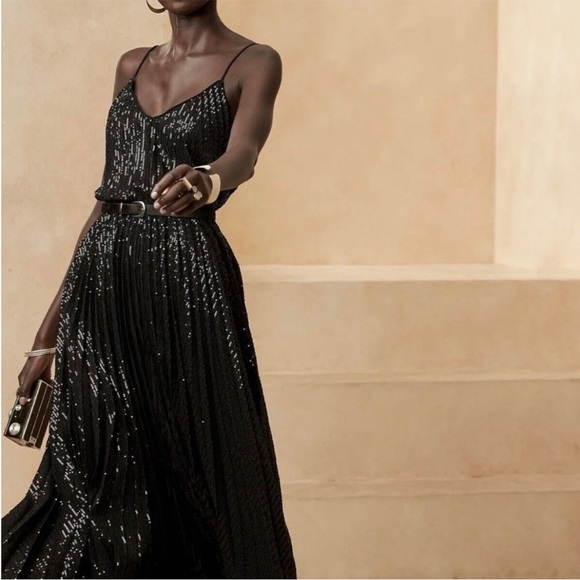 Banana Republic Black Sequin Striped Pleated Midi Skirt Size XS NWT - Picture 5 of 11